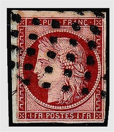 FRANCIA - 1849-50, Cerere, 1 franco carminio scuro (6) lievemente difettoso,...