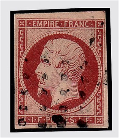 FRANCIA - 1853, Napoleone, 1 franco carminio (18). (Cert. Raybaudi).(USATO)