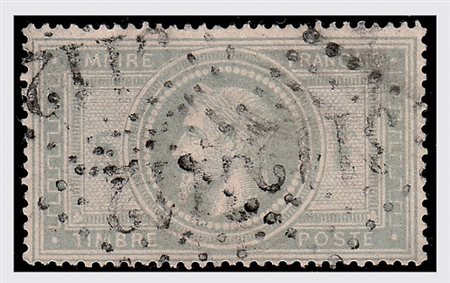FRANCIA - 1863, Napoleone laureato, 5 fr. violetto grigio (33).(USATO)