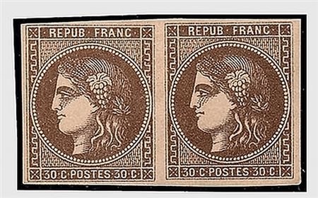 FRANCIA - 1870, Bordeaux, 30 c.bruno (47) coppia.(GOMMA ORIGINALE)