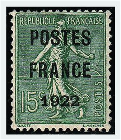 FRANCIA - 1920-22, Preannullati, 15 c. verde oliva soprastampa "Postes Paris...
