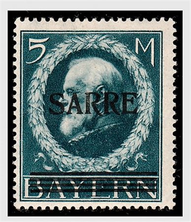 AREA TEDESCA - 1920, SARRE, soprastampati "SARRE" su Bayern, 5 m. (30)....