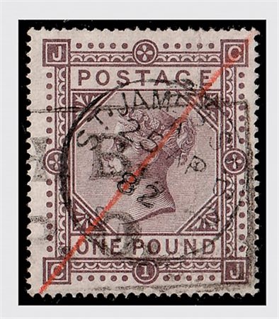 GRAN BRETAGNA - 1878, 1 sterlina bruno lilla (42) annullata. Leggera piega...