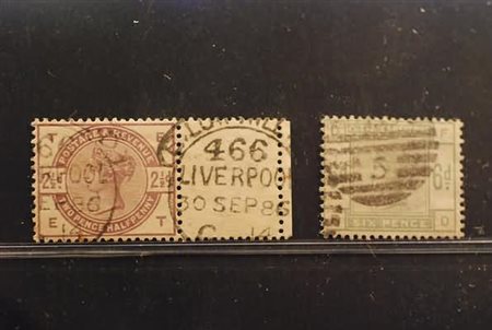 GRAN BRETAGNA - 1883, 2 1/2 p.violetto (79) + 6 p.verde (83).(USATO)