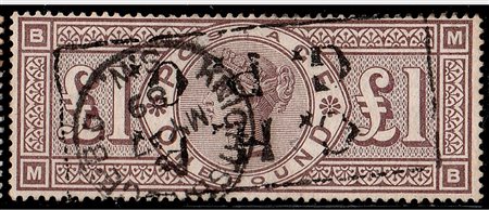 GRAN BRETAGNA - 1888, Vittoria, 1 sterlina bruno lilla, filigrana 3 globi...