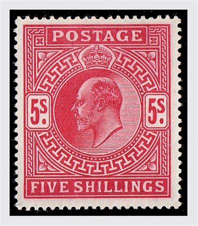 GRAN BRETAGNA - 1902, Edoardo VII 5 s. carminio (119).(GOMMA INTEGRA)