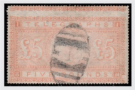 GRAN BRETAGNA - 1870, Telegrafo, 5 £ rosso arancio (11). Esemplare sbiadito...
