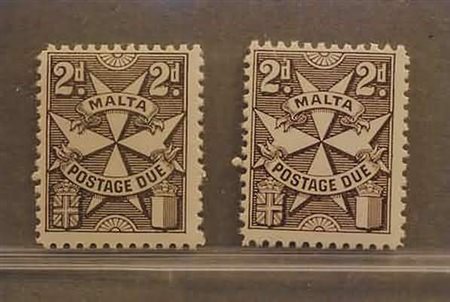 MALTA - 1966, Segnatasse, 2 p. grigio bruno filigrana CA (26A) due...