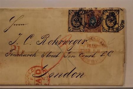 RUSSIA - 1872, 1 k. + 5 k. + 10 k. (17+20+21) su lettera da Mosca per Londra,...