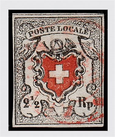 SVIZZERA - 1850, 2 1/2 rosso e nero "P.L." croce inquadrata (16)....
