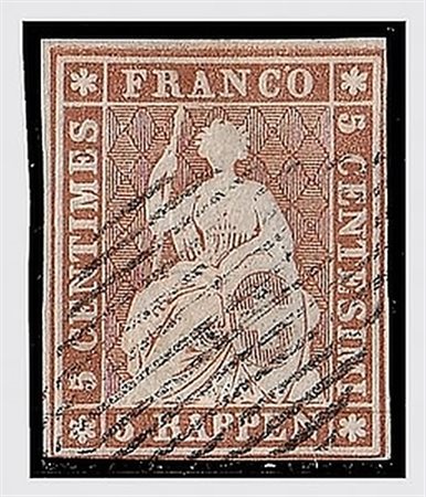 SVIZZERA - 1854, Strubel, 5 r. bruno chiaro (Zumstein 22Ab)...