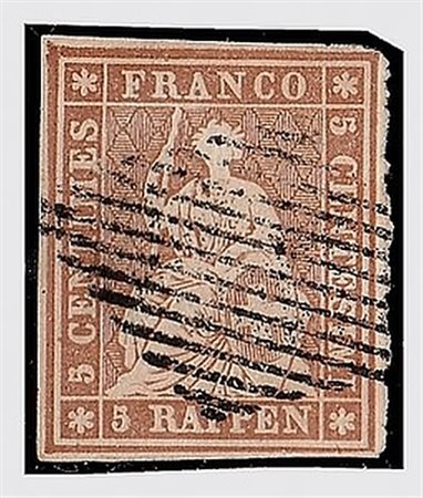 SVIZZERA - 1855, Strubel, 5 c. bruno (Zumstein 22Cb) ben marginato, minima...