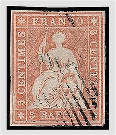 SVIZZERA - 1854, Svizzera seduta, 5 r. bruno rosso, tiratura di Monaco su...