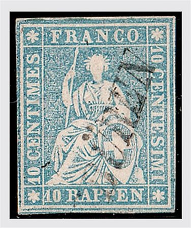 SVIZZERA - 1856, Strubel 10 r. azzurro, tiratura di Berna su carta sottile,...