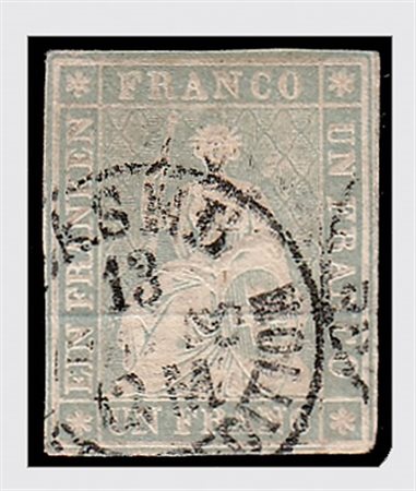 SVIZZERA - 1855, Strubel 1 fr. grigio lilla (31) esemplare con bel...