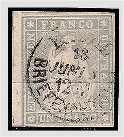 SVIZZERA - 1855, Strubel, 1 fr. Grigio, filo di seta nero (31) margine di...