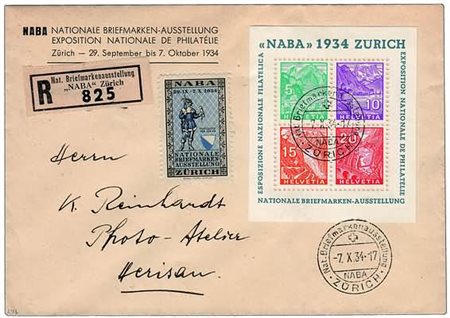 SVIZZERA - 1934, Foglietto NABA (1) su raccomandata. A lato l'erinnofilo...