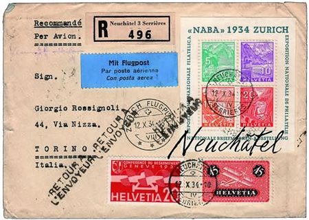 SVIZZERA - 1934, Foglietti, "NABA" (1) su busta viaggiata.(LETTERA)