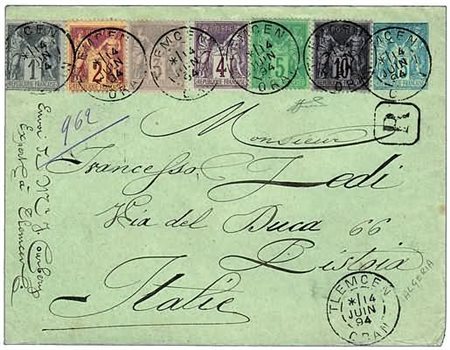 COLONIE FRANCESI - 1894, ALGERIA, affrancatura di 7 colori diversi su lettera...