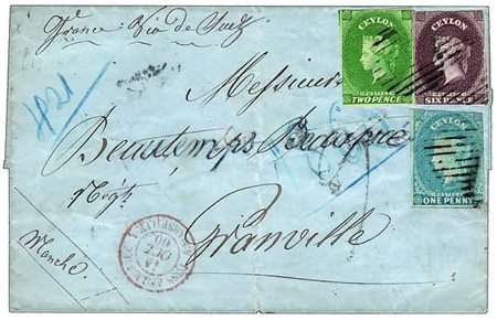 COLONIE INGLESI - 1860, CEYLON, 1 p. azzurro + 2 p. verde + 6 p. bruno (S.G....