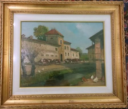 Gilberto Francisetti "La grande cascina"1994 Olio su tavola cm 40x50.Opera...