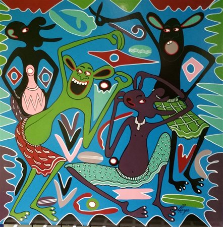 George Lilanga "Tribù danzante" Olio su masonite cm 61x61. Autentica su foto...