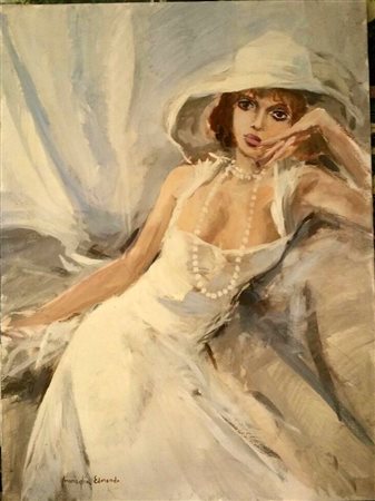 Edmondo Maneglia "Attesa" olio su tela cm 80x60 Autentica su foto Galleria...