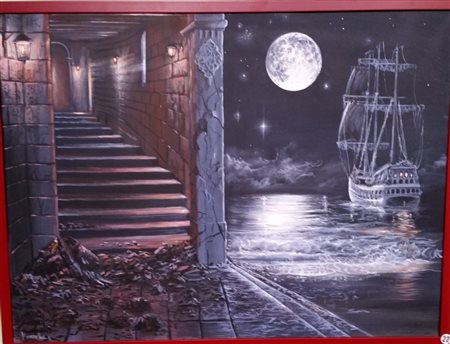 Mauro Pani "Ormeggio al chiaro di luna" Olio su tela cm 60x80 con cornice...