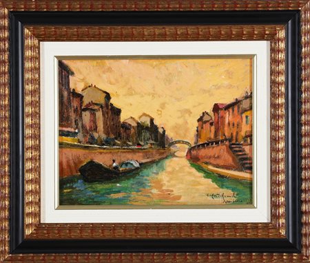 CASTELFRANCHI CIRANO (n. 1912) Tramonto a Milano. 1934. Olio su compensato....