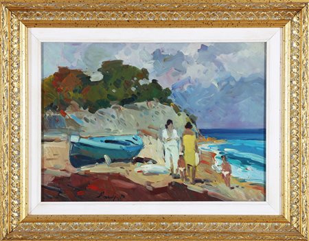 MARCHI PIERO (n. 1917) Spiaggia. Olio su tavola. Cm 35,00 x 25,00. Firma in...