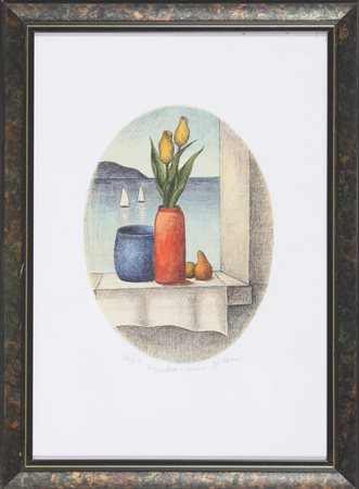 MASI ROBERTO (1940 - 2011) Vasi sulla finestra. Litografia ritoccata a mano....