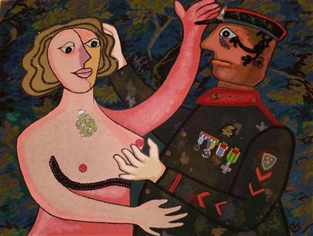 BAJ ENRICO (1924 - 2003) La dama e il generale. Serigrafia polimaterica. Cm...