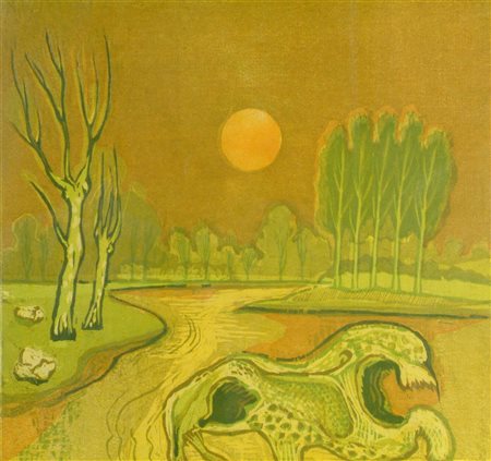 BERARDI ANGELO Sera sull'Oglio. 1982. Xilografia. Cm 40,00 x 40,00. 3/12....