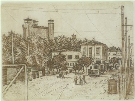 CORBANI MAURO (n. 1952) Montichiari: castello e stazione. incisione ad...