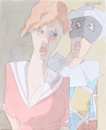 DIODATI LUCIO (n. 1955) Francesca e arlecchino. Acquerello su cartoncino. Cm...
