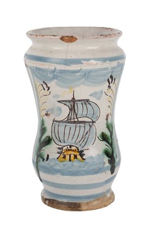 PICCOLO ALBARELLO in ceramica smaltata e decorata raffigurante "galeone"....