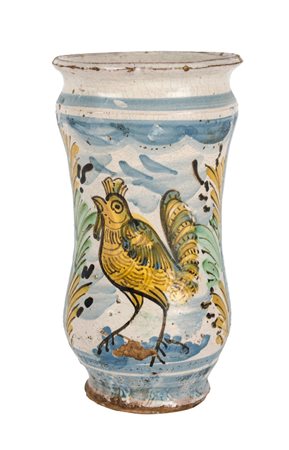 PICCOLO ALBARELLO in ceramica smaltata e decorata raffigurante "gallo"....
