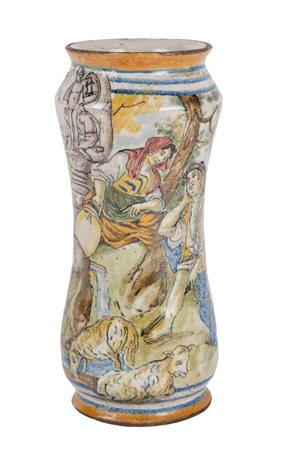 ALBARELLO in ceramica dipinta a mano raffigurante "paesaggio con pastori"....