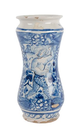 ALBARELLO in ceramica smaltata e decorata raffigurante "satiro". Napoli XVIII...