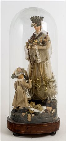GRUPPO in terracotta raffigurante "Madonna del Rosario con corona in argento...
