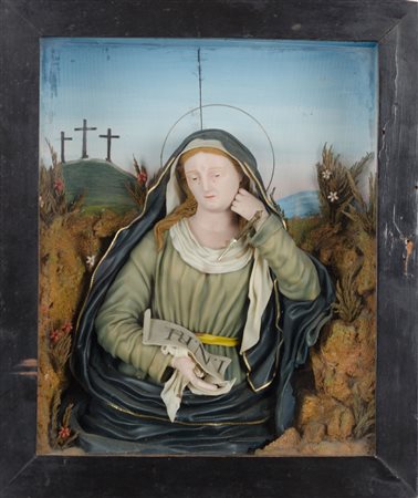 SCULTURA in cera raffigurante "Madonna Addolorata" entro teca in legno...
