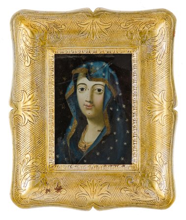 PITTURA su vetro "Madonna" entro cornice a guantiera non coeva (mancanze e...