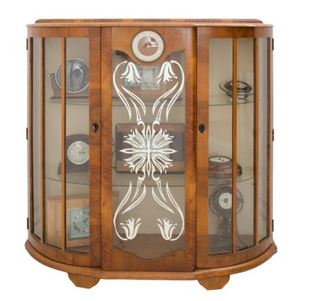 LOTTO composto da VETRINA deco' in noce e radica di noce con orologio interno...