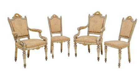 COPPIA POLTRONE E COPPIA SEDIE in legno laccato e dorato. Sicilia fine '800...