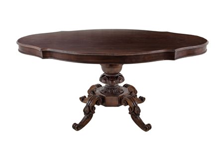 TAVOLO sagomato da centro in noce. Italia primi ‘900 Misure: cm 175 x 104 x h 79