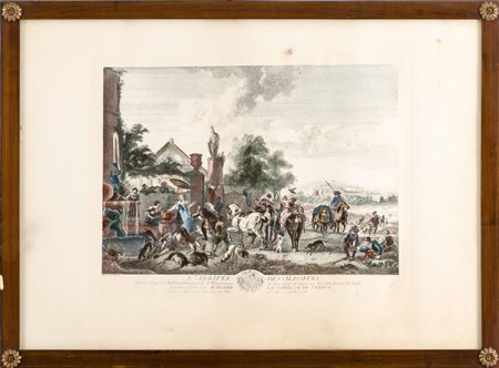 COPPIA STAMPE a colori "il ritorno dalla caccia" entro cornici in mogano....