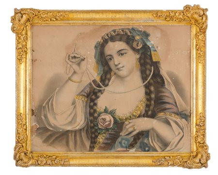 STAMPA a colori "figura femminile". Sicilia meta' '800 Misure: cm 62 x 49 (73...