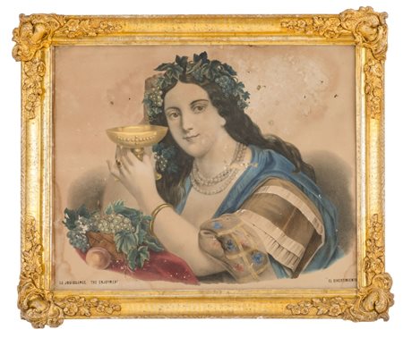 STAMPA a colori "il divertimento" entro cornice in legno con fregi in...