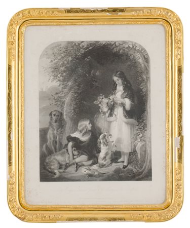 STAMPA in bianco e nero "ragazze con animali" entro cornice in legno dorato...