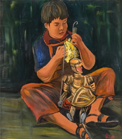 MARCHESE OLIO su faesite "bambino con paladino". XX secolo Misure: cm 71 x 80